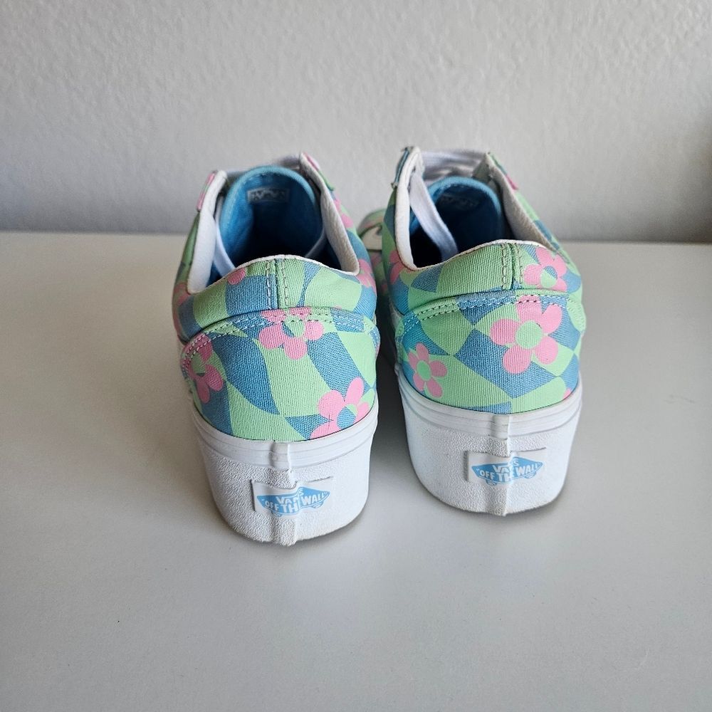 Vans | Old Skool Stacked Checkered Floral Blue Platform Shoes, Womens 9 - Picture 9 of 11